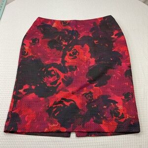 Ann Taylor Vibrant Red and Black Rose Pencil Skirt